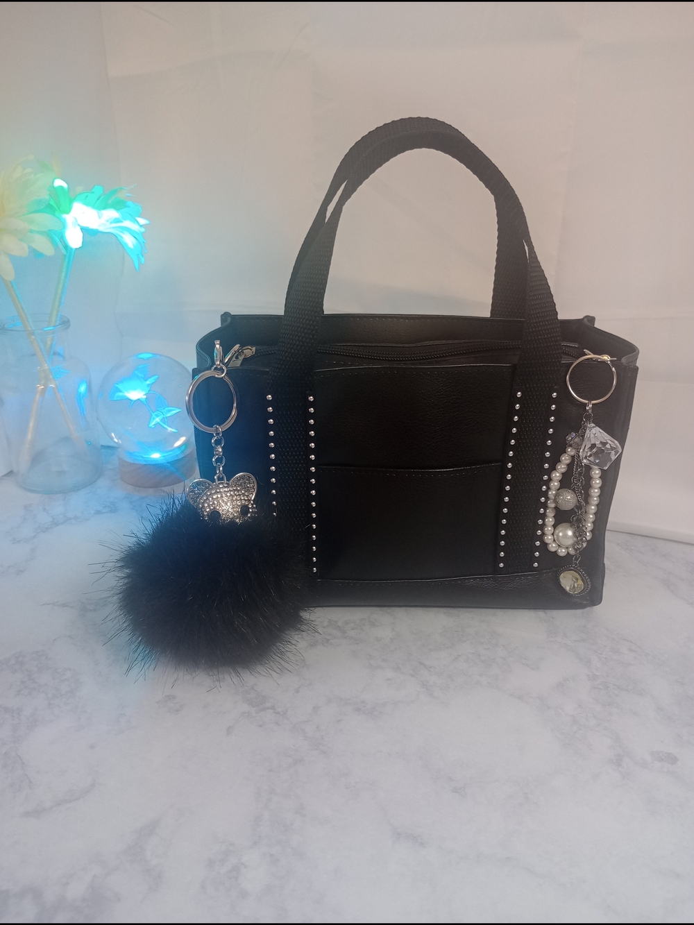 Handmade Black Vinyl Handbag With Removable Charms, Christmas, Birthday Gift